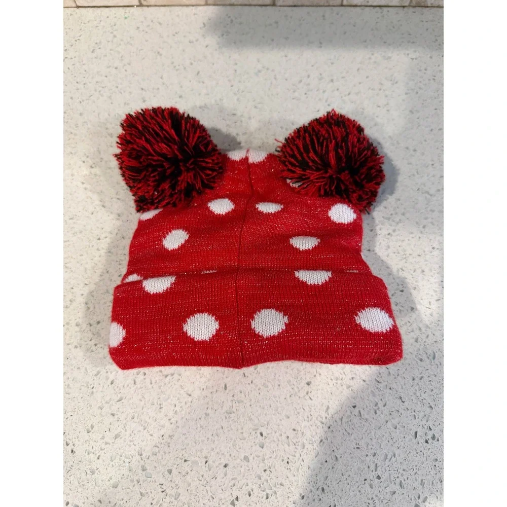 Minnie Mouse Beanie Sequin Bow Polka Dot Double Pom OSFM Red